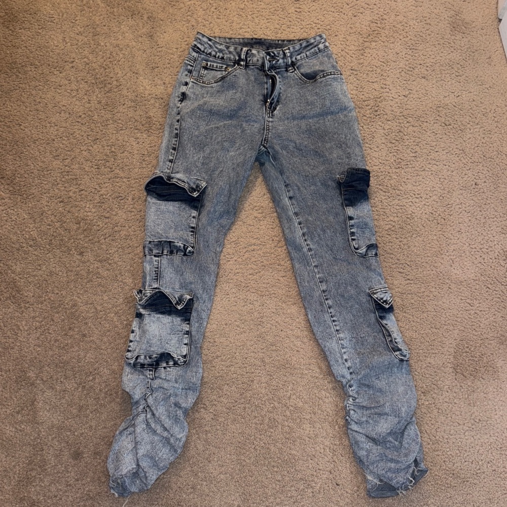 SHEIN Light Blue Patchwork Skinny Jeans
